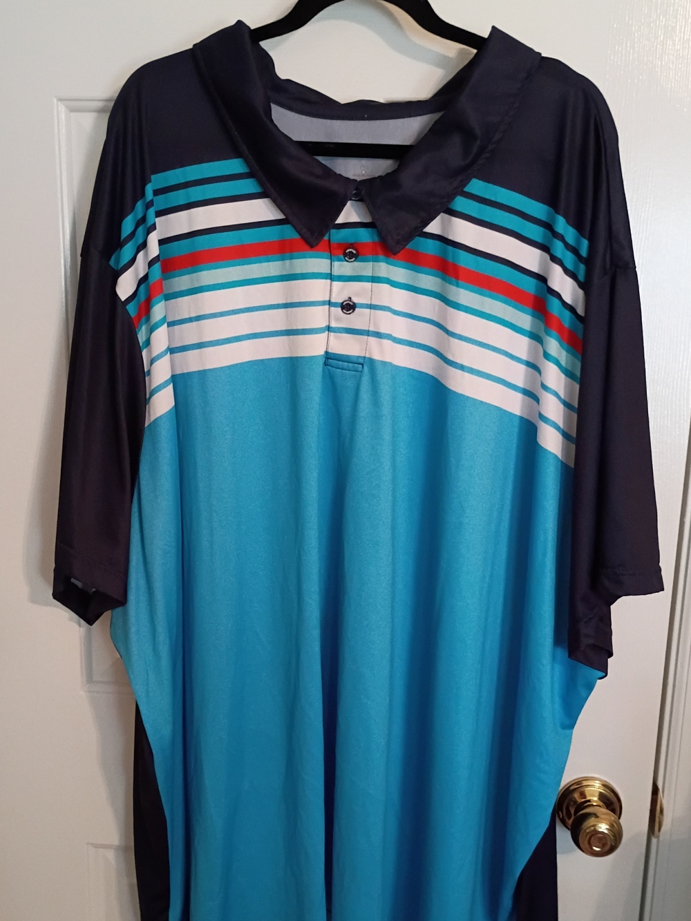 Men's KS Sport Navy Blue/Turquoise Striped Polo Shirt Size 7 XL BIG